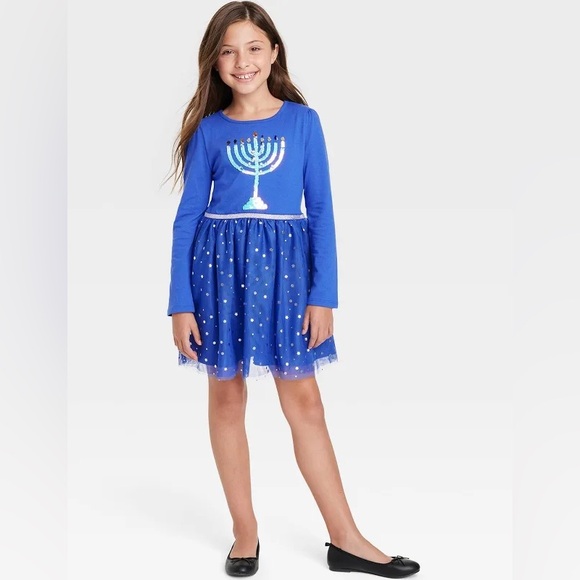 Cat & Jack Hanukkah Long Sleeve Sequin Flip Tulle Dress - Picture 1 of 8